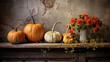 Autumn pumpkins and flowers in the rustic style