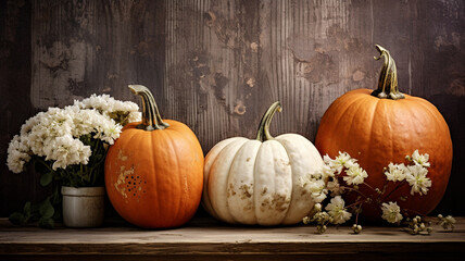 Wall Mural - autumn pumpkins and flowers in the rustic style