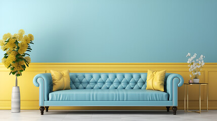 Wall Mural - A blue pastel colored luxury sofa in a pastel yellow-blue walls living room mock up.