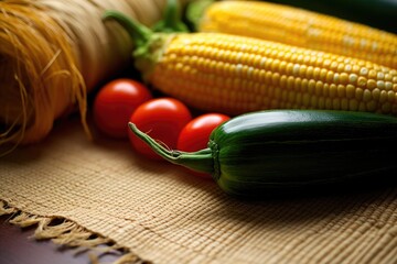 Wall Mural - close-up of corn and squash on a woven mat