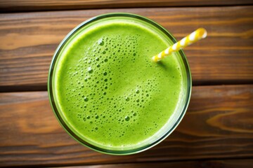 Poster - overhead shot of a green smoothie with straws on a wood table