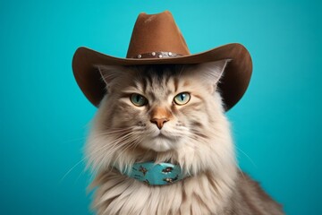 Wall Mural - happy siberian cat wearing a cowboy hat isolated in tropical teal background