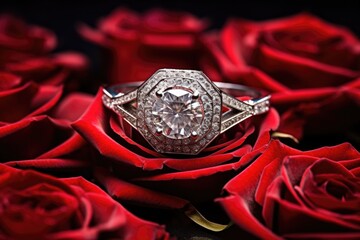 Wall Mural - silver engagement ring resting on red rose petals