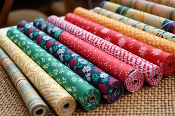 Poster - festive patterned gift wrap rolls aligned on a table