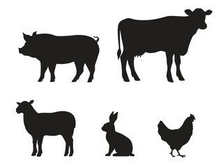 Collection of silhouettes of farm animals - cow, pig, sheep, rabbit, chicken. Animals side view. Vector illustration isolated on white background