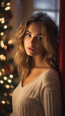 Wall Mural - Portrait of Radiant Young Woman Celebrating the Holidays in a Festive Christmas Setting, High-Quality Seasonal Photography