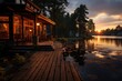 terrace of a house on the lake in the evening