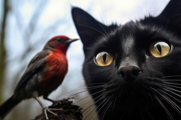 Wall Mural - close up of a black cats face with a crow in the background