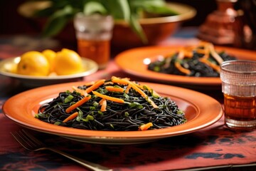 Poster - black pasta served on orange ceramic plates