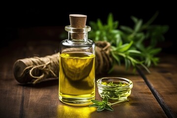 Poster - glass bottle of pressed herbal oil with a dropper cap