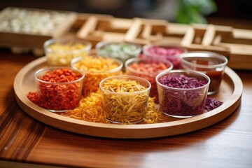 Canvas Print - bowls of colorful tea leaves on a bamboo tray