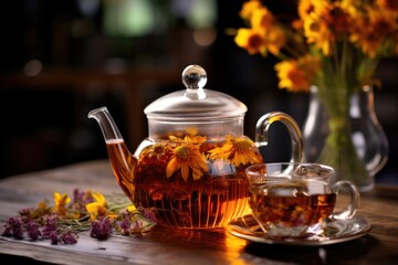 Sticker - glass teapot filled with floral herbal tea