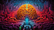psychedelic illustration, Labyrinth of the human brain. abstract background. Generative Ai