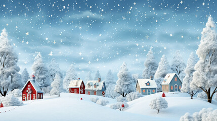 Sticker - Cute Christmas card with houses in a snowy forest. Generative Ai