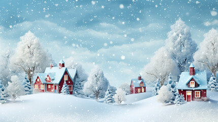 Poster - Cute Christmas card with houses in a snowy forest during a snowfall for your design. Generative Ai