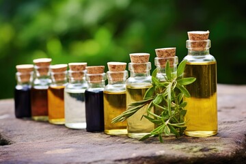 Poster - various glass phials of homeopathic tinctures on a stone shelf