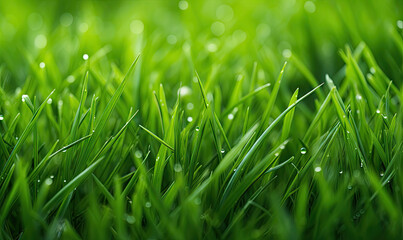 Wall Mural - Close-up view of dense vibrant green grass.