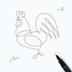 Wall Mural - Rooster drawing in minimalism pen line style on white background