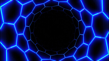 Poster - Dark virtual tunnel with neon hexagonal grid. Design. Bright neon grid of hexagons in circular tunnel. Round tunnel with hexagonal grid on black background