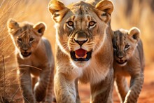 a lioness showing her cubs how to hunt in the wild