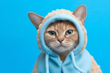 Wall Mural - happy chausie cat wearing a teddy bear costume isolated on periwinkle blue background