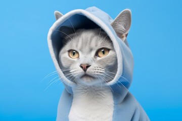 happy colorpoint shorthair cat wearing a shark fin costume on periwinkle blue background