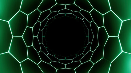 Poster - Orange and green tunnel. Design. Dark background hung with lamps on the sides made in cartoon animation.