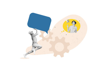 Poster - Artwork collage portrait of two mini black white effect people hold big dialogue bubble paper windmill spinner isolated on creative background