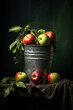 Apples in a bucket on green background