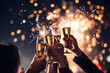 A group of young friends toasting with champagne flutes, surrounded by sparkling fireworks, capturing the excitement and celebration of the New Year. Generative Ai
