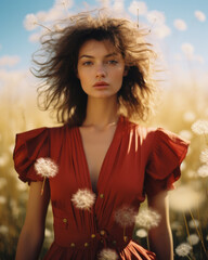 A beautiful young woman wearing a red dress stands amidst a field of vibrant dandelions, embracing the fashion and freedom of the autumn season