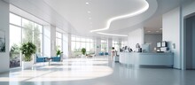 Panorama Of A Bright Reception And Waiting Room In A Clinic With Desk