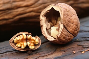 a broken walnut revealing its kernel