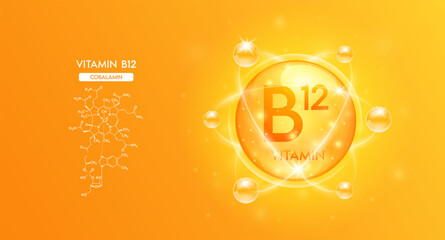 Vitamin B12 with structure chemical formula. Bubble collagen serum orange and Vitamins complex for cosmetics design. Medical concepts. Beauty treatment nutrition skincare. 3D Vector.