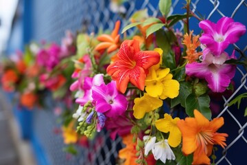 Poster - brightly colored flowers growing through a chain-link fence