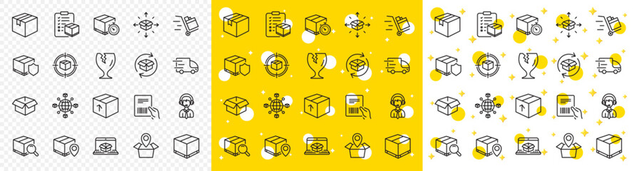 Poster - Set of Truck Delivery, Box and Checklist icons. Logistics, Shipping document line icons. Parcel tracking shipping, World trade logistics. Location pin, Goods parcel insurance and document. Vector