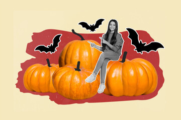 Sticker - Creative collage image of mini black white effect girl sit big pumpkin point fingers flying bats isolated on beige background