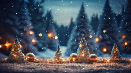 Poster - Christmas and New Year background with pine and fir trees, space for text.