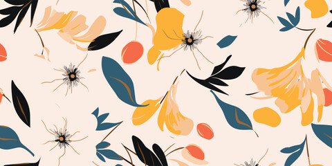 pattern, seamless, floral, flower, vector, illustration, leaf, design, wallpaper, nature, decoration, texture, vintage, art, ornament, element, set, plant, decor, orange, autumn, leaves, silhouette, f