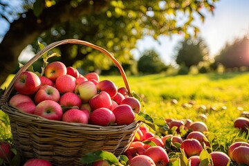 Wall Mural - Basket full of freshly picked red apples in an orchard. Generative AI