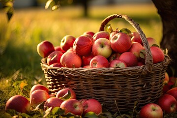 basket full of freshly picked red apples in an orchard. generative ai