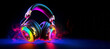 © mozZz - Illuminated DJ headphones isolated on black background, ready for party