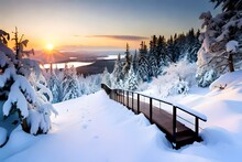 Winter Landscape With Snow Covered Bridge