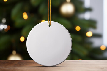 a white round ceramic christmas ornament. festive decoration for mockup. blurred green tree in the b