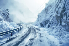 A Treacherous Winter Road Winding Through A Snow-covered Forest, With The Added Danger Of Black Ice, Creating A Challenging And Hazardous Driving Environment.