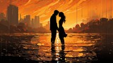 Fototapeta  - Sylwetki pary zakochanych o zachodzie słońca. 