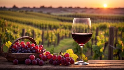 Pouring red wine into glass on vineyard background at sunset. One glass of red wine and purple grapes on wooden table overlooking vineyard at sunset