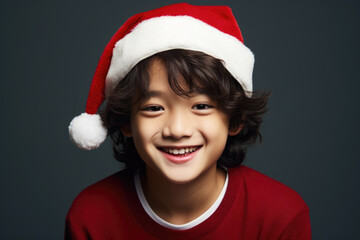 A cheerful young boy wearing a Santa hat and displaying a joyful smile. This image can be used to represent the holiday season and the joy of Christmas celebrations.