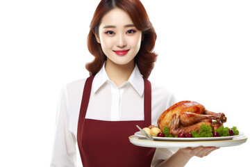 Poster - A woman in an apron holding a plate of food. Perfect for food blogs, cooking websites, or restaurant promotions.
