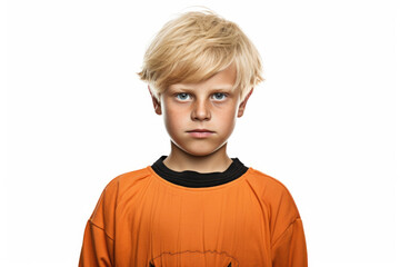 Wall Mural - A young boy wearing an orange shirt looks directly at the camera. This versatile image can be used for various purposes.